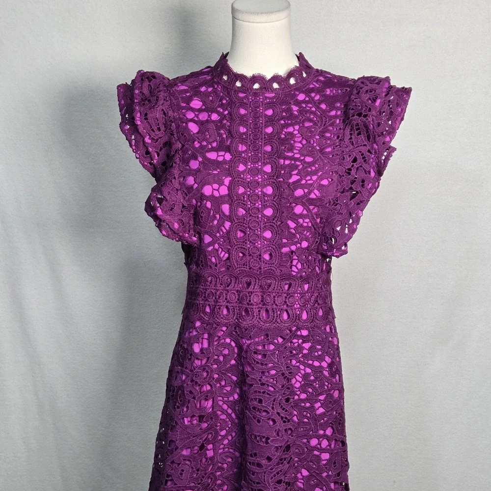 Dalia MacPhee Dress Womens 2X Pink Lace Maxi High Neck Flutter Sleeve Formal - Picture 2 of 16